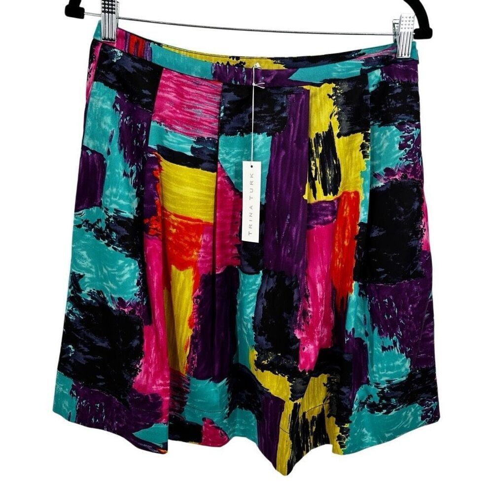 Trina Turk Silk Blend Colorful Paint Pattern‎ Pleated Skirt Size 6 NWT